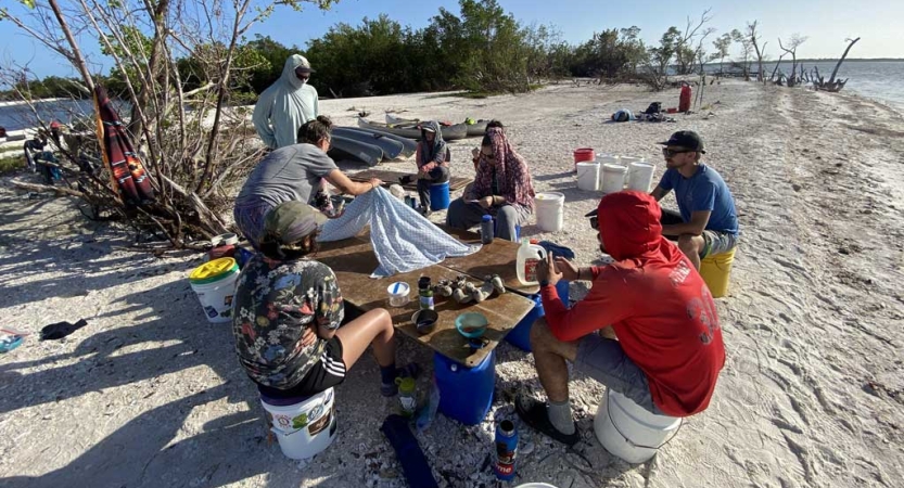 A group of people sit around a makeshift table set up on buckets. They are on a beach. 